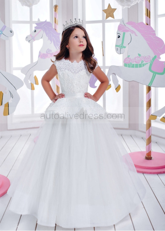 Ivory Lace Tulle Corset Back Floor Length Flower Girl Dress Ivory Lace Tulle Corset Back Floor Length Flower Girl Dress